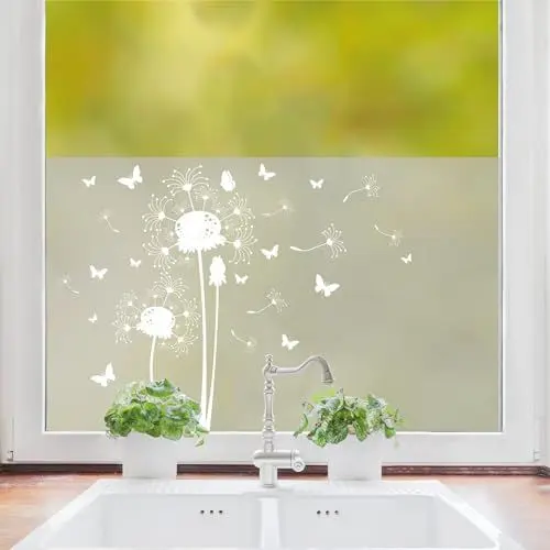 Produktbild: Wandtattoo Loft Sichtschutzfolie Fenster mit Pusteblumen Motiv, Fensterfolie Blickdicht, Milchglasfolie Fenster, Florale Fensterdeko selbstklebende Folie, Fenster Dekoration Gräser, Fenster Klebefolie