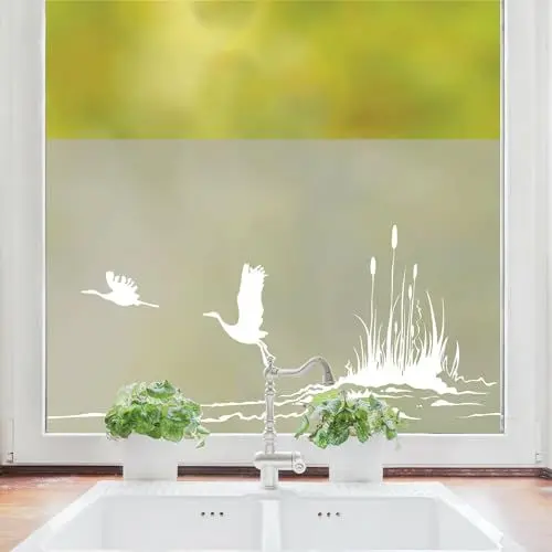 Produktbild: Wandtattoo Loft Sichtschutzfolie Fenster mit Schilf und Kranich Motiv, Maritime Fensterfolie Blickdicht, Milchglasfolie, Maritime Fensterdeko Folie, Fenster Dekoration Maritim, Fenster Klebefolie