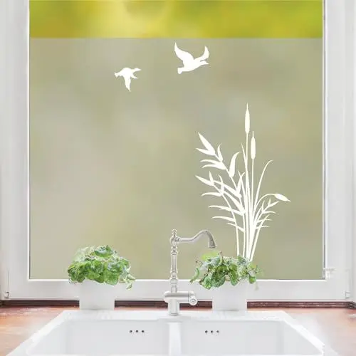Produktbild: Wandtattoo Loft Sichtschutzfolie Fenster mit Schilf und Vögeln Motiv, Maritime Fensterfolie Blickdicht, Milchglasfolie, Maritime Fensterdeko Folie, Fenster Dekoration Maritim, Fenster Klebefolie
