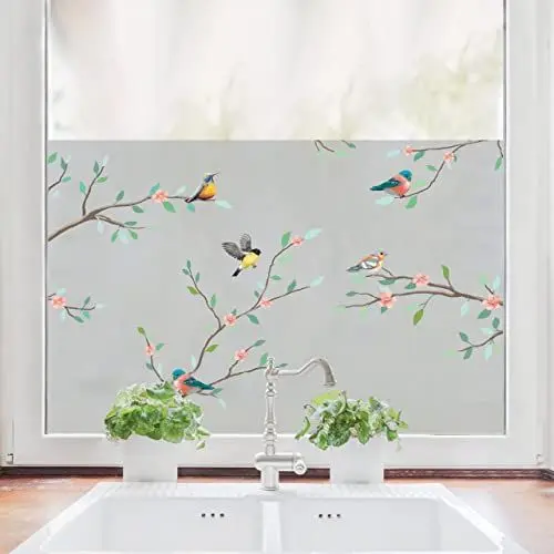 Produktbild: Wandtattoo Loft Sichtschutzfolie Fenster mit Vögeln auf Zweigen Motiv, Fensterfolie Blickdicht, Milchglasfolie Fenster, Fensterdeko Selbstklebende Folie, Fenster Dekoration Vögel, Fenster Klebefolie