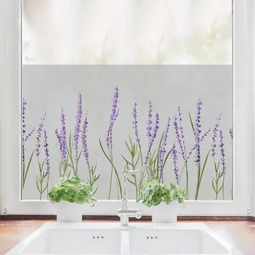 Produktbild: Wandtattoo Loft Sichtschutzfolie Fenster mit farbigem Lavendel Motiv, Fensterfolie Blickdicht, Milchglasfolie Fenster, Fensterdeko Selbstklebende Folie, Fenster Dekoration Blumen, Fenster Klebefolie