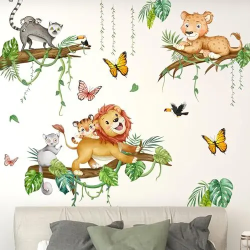 Produktbild: Wandtattoo, Wandsticker Kinderzimmer Dschungel Tiere Wandaufkleber Waldtiere, Löwen, Affen, Leoparden für Jungen Mädchen Babyzimmer Kinderzimmer Türen Schlafzimmer Wanddeko