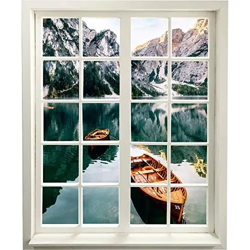 Produktbild: Wandtattoo - Fenster mit Aussicht - Wandbild-Aufkleber für die Wand - Wanddekoration (66 x 80 cm, Bergsee mit Boot)