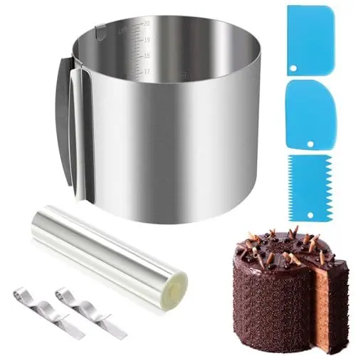 Produktbild: WANGDEFU Tortenring hoch 20 cm - Edelstahl Backring verstellbar 16-30 cm – 5M Tortenrandfolie Kuchen Kragen,Kuchenring rund für die einfache Zubereitung von Creme,Schicht,und Motivtorten Dekorieren