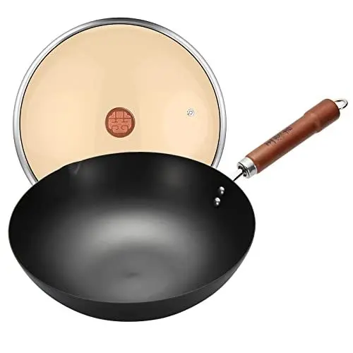 Produktbild: WANGYUANJI Carbonstahl Wok 30cm, Wokpfanne mit Deckel und Flachem Boden, Bratpfanne mit abnehmbarer Holzgriff für Induktion Elektro Gas Halogen alle Herde