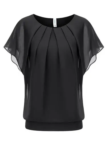 Produktbild: WANGZHI Damen Sommer Fledermausärmel Chiffon Bluse Rundkragen Casual Shirt Loose Fit Kurzarm Tunika Oberteile Basic Chiffonbluse,L