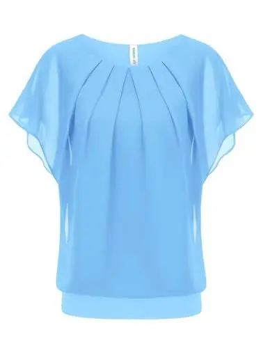 Produktbild: WANGZHI Damen Sommer Fledermausärmel Chiffon Bluse Rundkragen Casual T-Shirt Loose Fit Kurzarm Tunika Festliche Oberteile Basic Shirt Tops Chiffonbluse Hellblau M