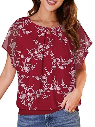 Produktbild: WANGZHI Damen Sommer Fledermausärmel Chiffon Bluse Rundkragen Casual T-Shirt Loose Fit Kurzarm Tunika Festliche Oberteile Basic Shirt Tops Chiffonbluse YH-Weiße Blätter/rot L