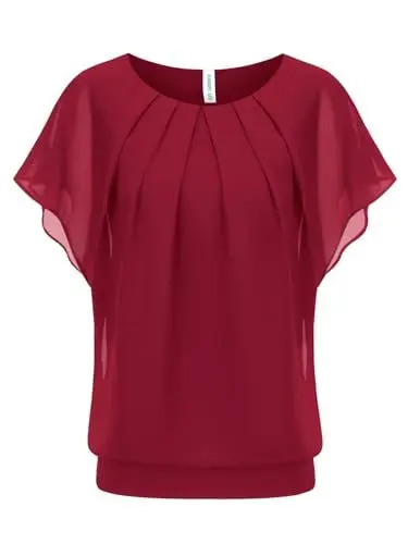 Produktbild: WANGZHI Damen Fledermaus Chiffonbluse Batwing Rundkragen Bluse Casual Loose Fit Sommer Oberteile rot Shirt Damen elegant Elegante blusen Oversize Shirt Damen,XXL
