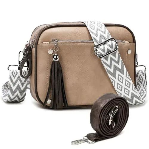 Produktbild: Waniki Damen Umhängetasche Kleine - PU Leder Crossbody Bag Breiter Gurt mit 2 Abnehmbarem Schultergurte & 2 Fächern Moderne Handytasche Zum Umhängen Schultertasche mit Kartenschlitz Apricot