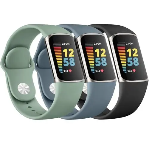 Produktbild: Wanme 3 Stück Armband für Fitbit Charge 6/5 - Silikon Ersatzarmband für Damen und Herren, Wasserdichtes Sport Uhrenarmband (Schwarz/Olivgrün/Blaugrau)
