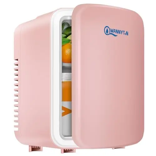 Produktbild: WANNYTON Mini Kühlschrank 4 Liter / 6 Dosen, Tragbarer Kleiner Kühlschränke mit Kühl- und Heizfunktion,Getränkekühlschrank für Zimmer Auto Büro, AC 220-240 V, DC 12 V, Rosa
