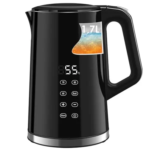 Produktbild: WANNYTON Wasserkocher Edelstahl 1,7 L 2200 W, mit Temperaturwahl Temperatureinstellung 40-100 °C, Digital-Temperaturanzeige, Warmhaltefunktion, Doppelwand, Trockenlaufschutz, BPA-frei, Schwarz