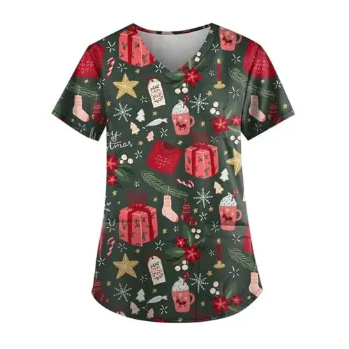 Produktbild: Warehouse Deal Kasack Pflege Damen Günstig Arbeitsuniform Pflegebekleidung 2 Taschen Weihnachten Gedruckt Medizin Pflegebekleidung Laborkittel Kasaks Altenpflege Damen(1-Dark Green,XXL)