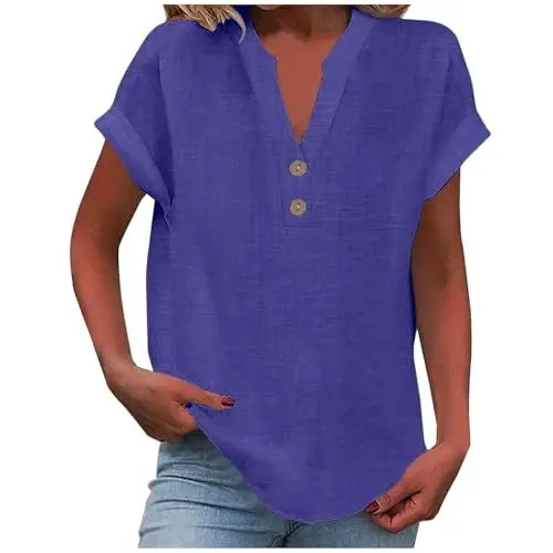Produktbild: Warehouse Deals Angebote Sport Top Damen Guenstig Shirt Sommer Damen Leicht Kurzarm V-Ausschnitt Knopf Lässige T-Shirts Bluse Lose Tunika Tops Pullover Oberteile Sale Damen Bekleidung