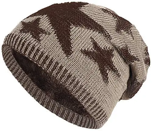 Produktbild: warm gefütterte Beanie mit Teddy-Fleece Fütterung und Sternen Muster Wintermütze Einheitsgröße für Damen & Herren Mütze (1A) (Beige)