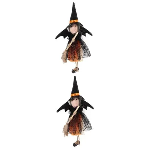 Produktbild: Warmhm 2St Halloween- -Ornamente -Vogelscheuche-Puppe Halloween-Baumschmuck Kompakte Halloween Dekoration Hexenbesen Hexendekor Hängende entzückende Hexenfigur Holz Orange