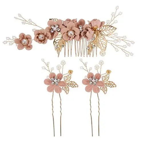 Produktbild: Warmhm Haarkamm Brautschmuck Set Haarschmuck Haarkamm: 3 Stücke Perle Haarspangen Haarnadeln Kopfschmuck für M? Brautjungfer Haar Zubeh?r Rosa Flower Hair Clip Satin Naturel Satin Naturel