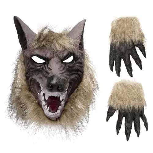 Produktbild: Warmhm Halloween Werwolf Kostüm Set, Horror Werwolf Kopfmaske und Klauenhandschuhe Wolf Cosplay Maske Anziehkostüm für Halloween Party