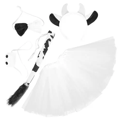 Produktbild: Warmhm Kostümset für Halloween Kuh Tierkostüm mit Haarreif Plüschschwanz Fliege Nase und Tutu Rock für Cosplay Partys und Bühnenauftritte