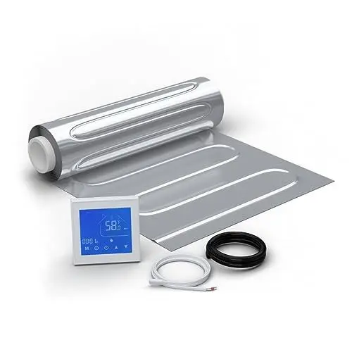 Produktbild: WARMON elektrische Fußbodenheizung für Laminat: Zweiader-Heizmatte mit Aluminiumfolie AluPro-150 (150 W/m²) mit Thermostat MCS 450 Touch weiß 12 m²