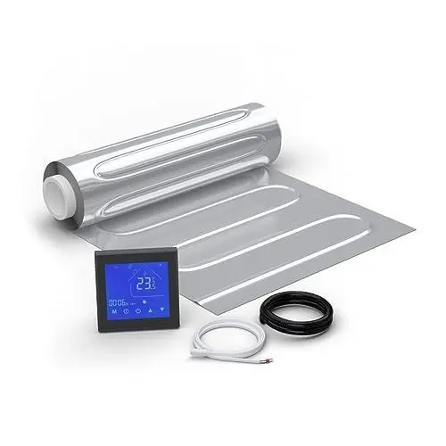 Produktbild: WARMON elektrische Fußbodenheizung für Laminat: Zweiader-Heizmatte mit Aluminiumfolie AluPro-150 (150 W/m²) mit Thermostat MCS 450 WIFI Touch schwarz 12 m²