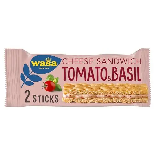 Produktbild: Wasa Sandwich Tomato & Basil 24x40g I Knäckebrot-Snack aus Weizenmehl mit einer Füllung aus Käse, Getrockneten Tomaten & Basilikum, je 2 Sticks, Perfekt für unterwegs