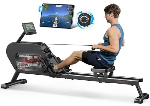 Produktbild: Wasser Rudergerät für Zuhause, 16-stufiger Magnetwiderstand, Bluetooth-Monitor, Kinomap, 150kg Gewichtskapazität Doppelter Widerstand Rudergerät mit Gleitschiene aus Aluminium, Vertikale Aufbewahrung