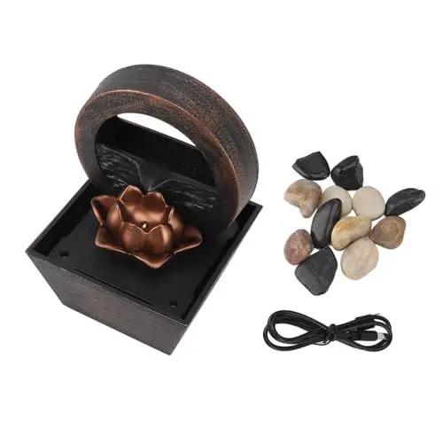 Produktbild: Wasserbrunnen, Zimmerbrunnen, USB-LED-Leuchten mit Kieselsteinen, goldene Blumendekoration, Stein-Wasserfall-Ornamente für Wohnzimmer, Büro
