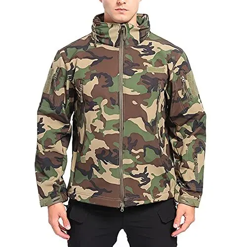 Produktbild: Wasserdichte Softshelljacke für Herren, Winterwarm mit Reißverschlusstaschen, Kapuze, winddichte Angeljacken, für taktische Outdoor-Wanderungen, Camo-Klettern, Softshelljacke(Camouflage1,XL)