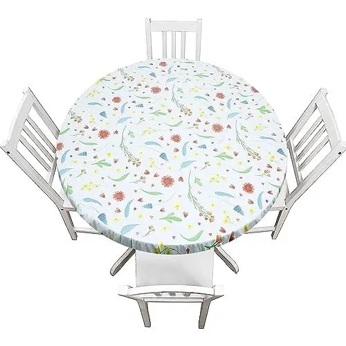 Produktbild: Wasserdichte runde Tischdecke mit elastischen Kanten, rote Blume, 90–110 cm, Flanellrückseite, schmutzabweisend, ölabweisend, PVC, abwischbar, Tischschutz für Esszimmer, runde Gartentischdecke