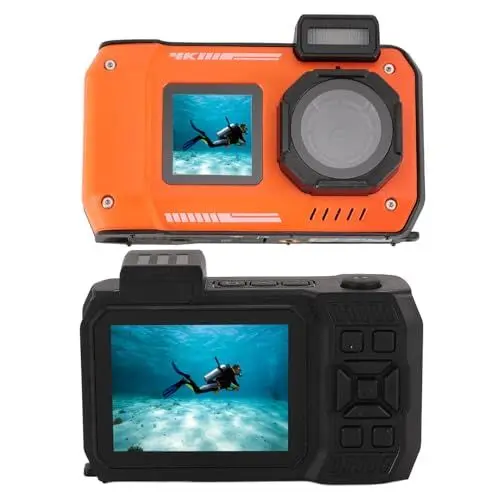 Produktbild: wasserdichte Digitalkamera, 48 MP Autofokus Anti Shake Vlogging Videokamera, 16 facher Digitalzoom Unterwasser 10 M wasserdichte Selfie Kamera für Outdoor Reisen (ORANGE)