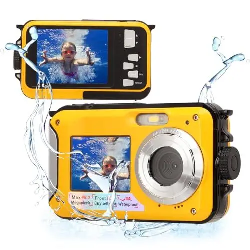 Produktbild: wasserdichte Digitalkamera, Full HD 2.7K 48MP 10 Fuß wasserdichte Unterwasser-Digitalkamera, 16-facher Digitalzoom Vorne Hinten Doppelbildschirme wasserdichte Digitalkamera (Gelb)