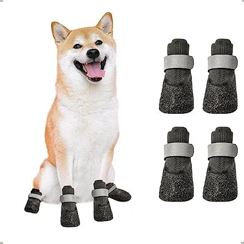 Produktbild: OHCOZZY wasserdichte Hundestiefel, Pfotenschutz, rutschfeste Hundeschuhe mit verstellbarem reflektierendem Riemen für kleine, mittlere und große Hunde 4 Stück(Größe S, Schwarz)
