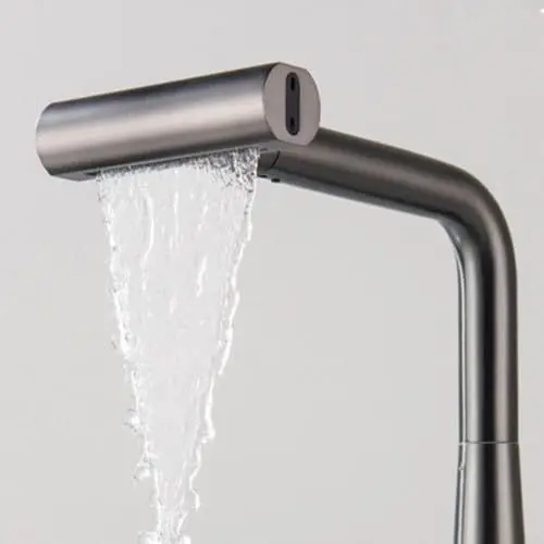 Produktbild: Wasserfall-Küchenarmatur, Küchenarmatur mit herausziehbarem Sprühkopf, Premium-Edelstahl-Mischbatterie, Küche 180° Winkel drehbarer Sprühaufsatz zum Waschen von Augen/Haaren (grau)