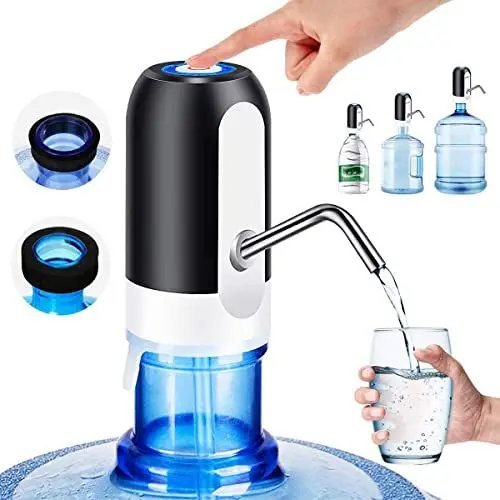 Produktbild: Wasserflaschenpumpe USB Wiederaufladbare Gallonen Wasserflaschen Spenderpumpe, mit 2 Flaschenhalsadapter, 2 einfach zu schneidende Schläuche, geeignet zu benutzen im Büro, bei Camping&Reise.