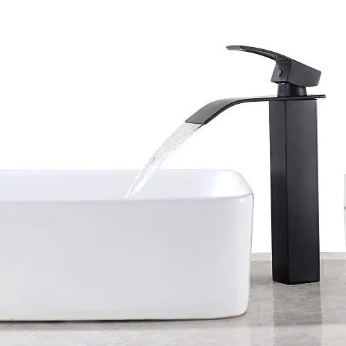 Produktbild: Auralum Wasserhahn Bad Wasserfall Schwarz, Waschtischarmatur Hoch mit Auslauf Höhe 204mm, Einhebelmischer Mischbatterie Kaltes und Heißes, Armatur Aufsatzwaschbecken für Badezimmer