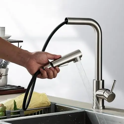 Produktbild: Wasserhahn Küche Edelstahl Küchenarmatur Mischbatterie mit Brause Ausziehbar Hochdruck 360° Schwenkbar Spültischarmatur Küche Zwei Strahlarten Wasserstrahlarten Wasserhahn