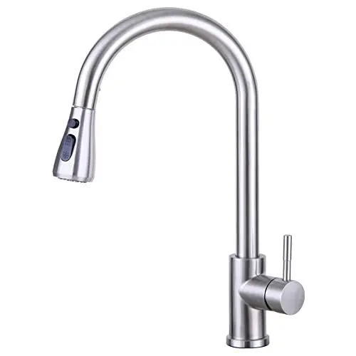 Produktbild: Wasserhahn Küche, Woen-Flow Hochdruck Küchenarmatur Ausziehbar 360° Schwenkbar, Einhebel Spültischarmatur mit Brause 3 Modus, Hohe Bogen Mischbatterie Küche, Armatur Küche Edelstahl Gebürstet