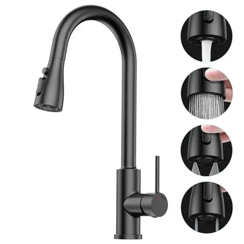 Produktbild: Wasserhahn Spüle Küche mit Brause Ausziehbar - SREWOHS PRO Hochdruck Küchenarmatur Mischbatterie 360° Drehung,1 Loch Wasserhahn mit 4 Sprühfunktionen (C- EU Only Black G3/8 Connector)
