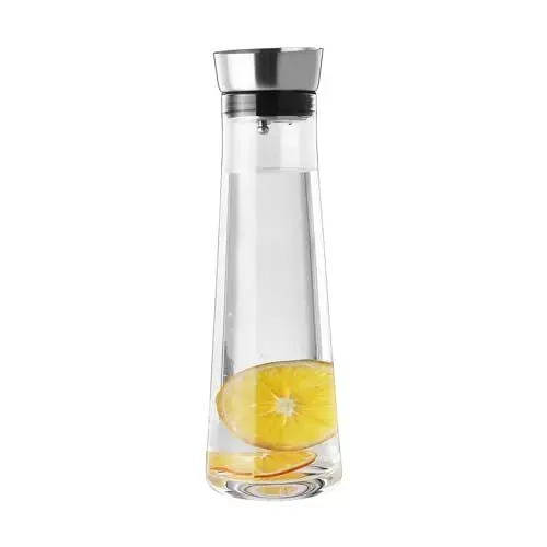 Produktbild: Wasserkaraffe，1 Liter Glaskaraffe Mit Deckel Edelstahl，Wasserkrug Aus hitzebeständigem Borosilikatglas ，für hausgemachten Eistee, Milchwein, heiße und kalte Getränke