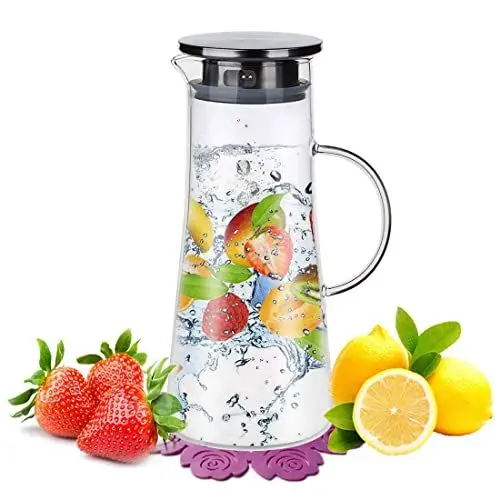 Produktbild: Wasserkaraffe ,BOQO1.5L Glaskaraffe, Wasserkrug mit Blütenblatt Edelstahldeckel Karaffen (Glaskanne)