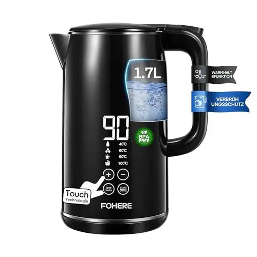 Produktbild: Wasserkocher mit Temperatureinstellung, 240 Min. Warmhaltefunktion, Komplette Edelstahlauskleidung, LED Kontrollanzeige, 1.7L Doppelwand Design, 2200W Schnelles Aufheizen, Trockenlaufschutz, Schwarz