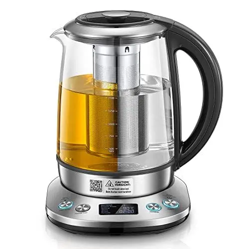 Produktbild: Wasserkocher mit Temperatureinstellung - FOHERE 2200W Wasserkocher Glas - 6 Voreinstellungen - 2 Stunden Warmhaltefunktion - 1.7L Teekocher - LCD Bildschirm - Basisstation aus Edelstahl