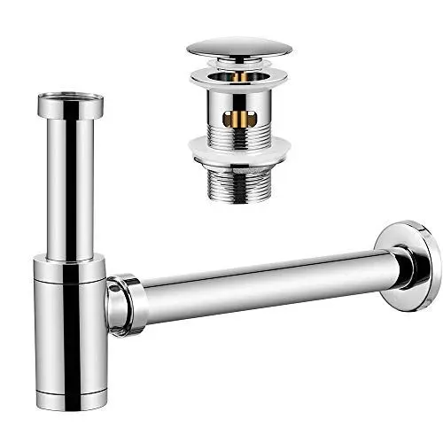 Produktbild: Wasserrhythm Universal Siphon mit Ablaufgarnitur für Waschbecken und Waschschalen mit Überlauf, Chrom Pop Up Ventil mit Abflussgarnitur passgenau, Röhrensiphon von 1 1/4 Zoll Gewindeanschluss