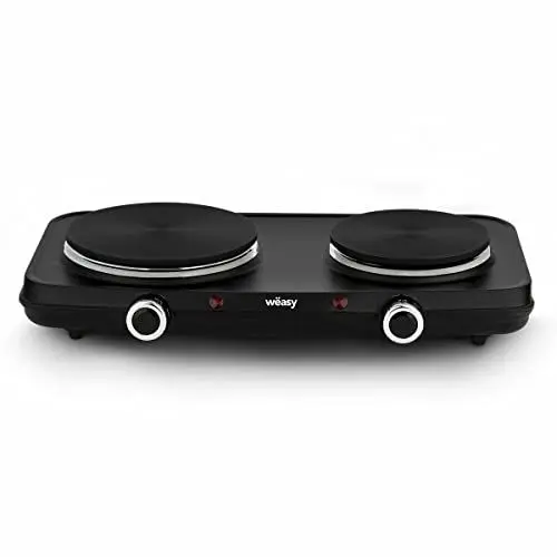 Produktbild: Wëasy Mobile 2-Flammen Elektrokochplatte PLW225, Elektrische Kochplatte, Doppelte Heizplatte aus Gusseisen mit 2 Thermostaten 15cm und 18cm, Einstellbare Temperatur, Einfache Reinigung, 2250W