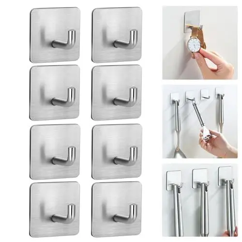 Produktbild: WASYPLSFOI Klebehaken Magische Haken Hook Selbstklebend Wandhaken Badezimmer Küchenhaken Wand Küche Klebe Extra Stark Edelstahl, 8 Stück