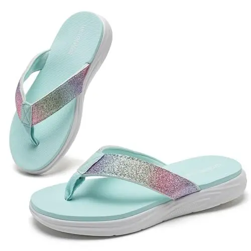 Produktbild: WateLves Flip Flops Kinder Zehentrenner Mädchen Badelatschen mit dicken Sohlen Sommer Strand und Pool Rutschfeste Zehensandalen(Regenbogen Mond Grün, 37EU)