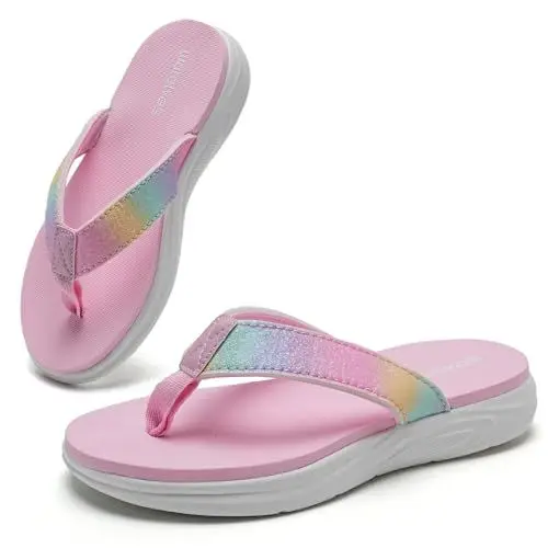 Produktbild: WateLves Flip Flops Kinder Zehentrenner Mädchen Badelatschen mit dicken Sohlen Sommer Strand und Pool Rutschfeste Zehensandalen(Regenbogen Rosa, 34EU)