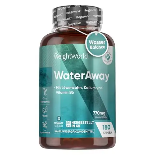 Produktbild: Water Away Kapseln - 11 in 1 Komplex für 3 Monate - Mit Apfelessig, Grüner Tee, Löwenzahn, Kalium - 180 Entwässerungskapseln - Alternative zu Wasser Balance Kapseln & Wasser Tabletten - WeightWorld